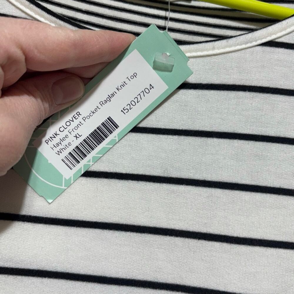 Pink Clover Women's XL Striped Raglan Top NWT White Black Pocket - Picture 6 of 10